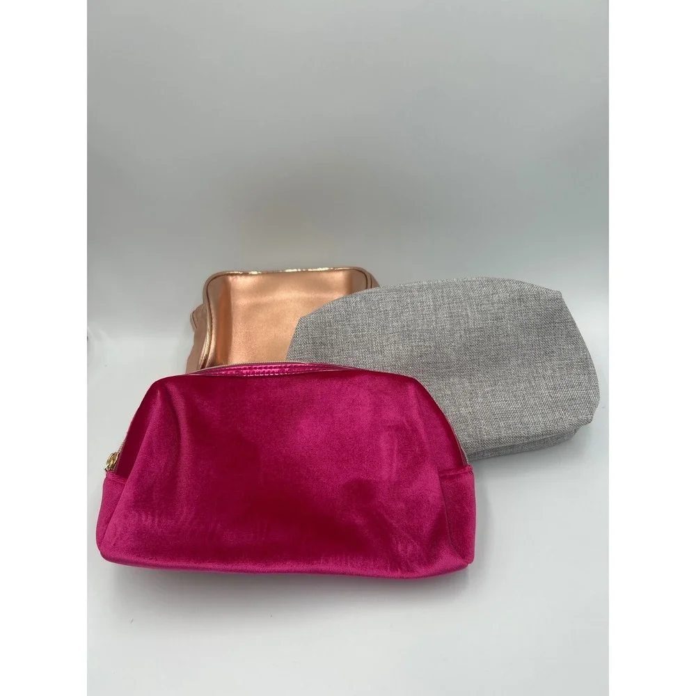 Lancome‎ Makeup Bag Set 3pc Pink Velvet Grey Rose Gold Metallic Cosmetic Pouch